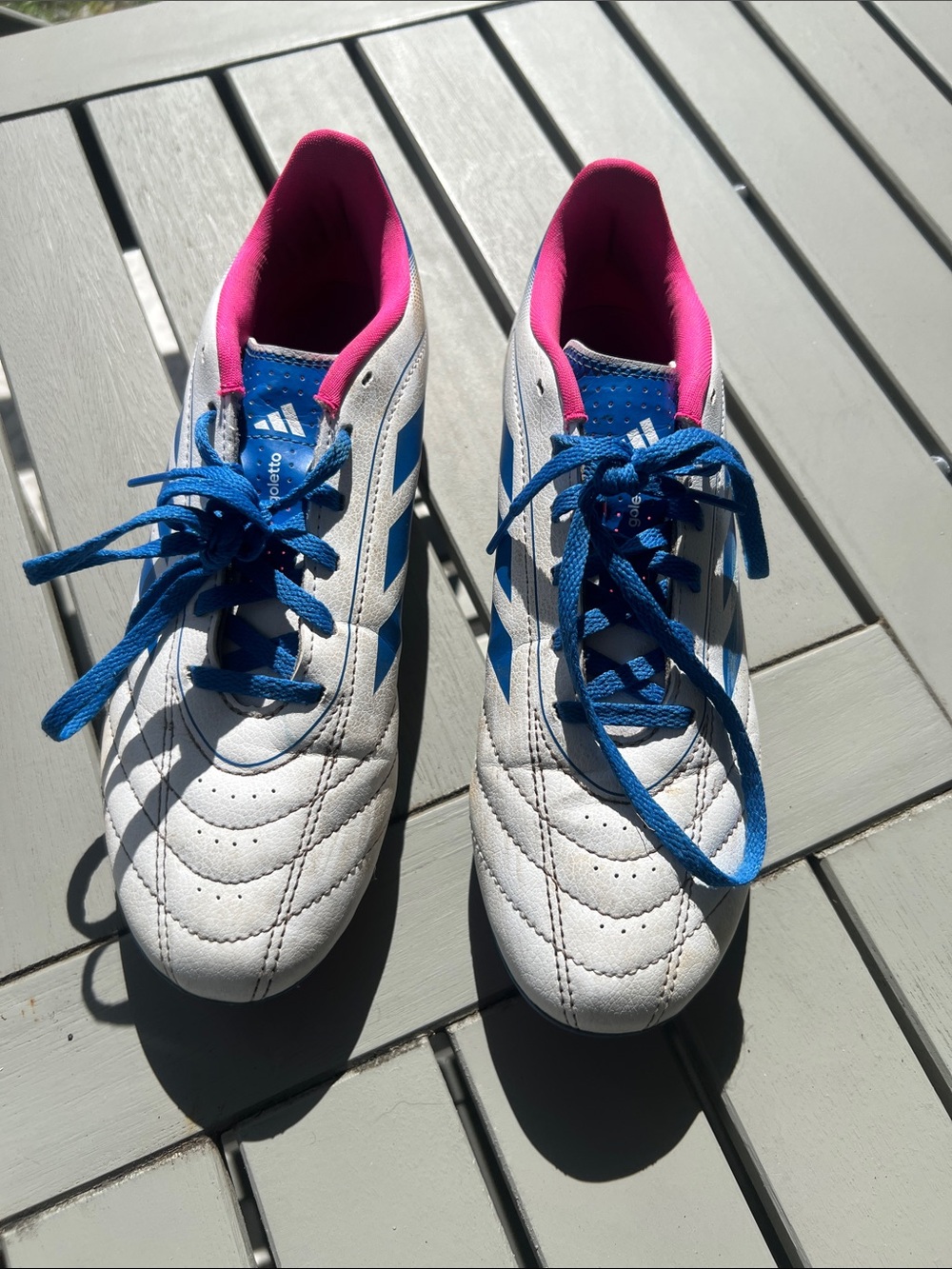 Adidas Kids White Soccer Sneakers with Blue Accents and Pink Lining 6.5 US